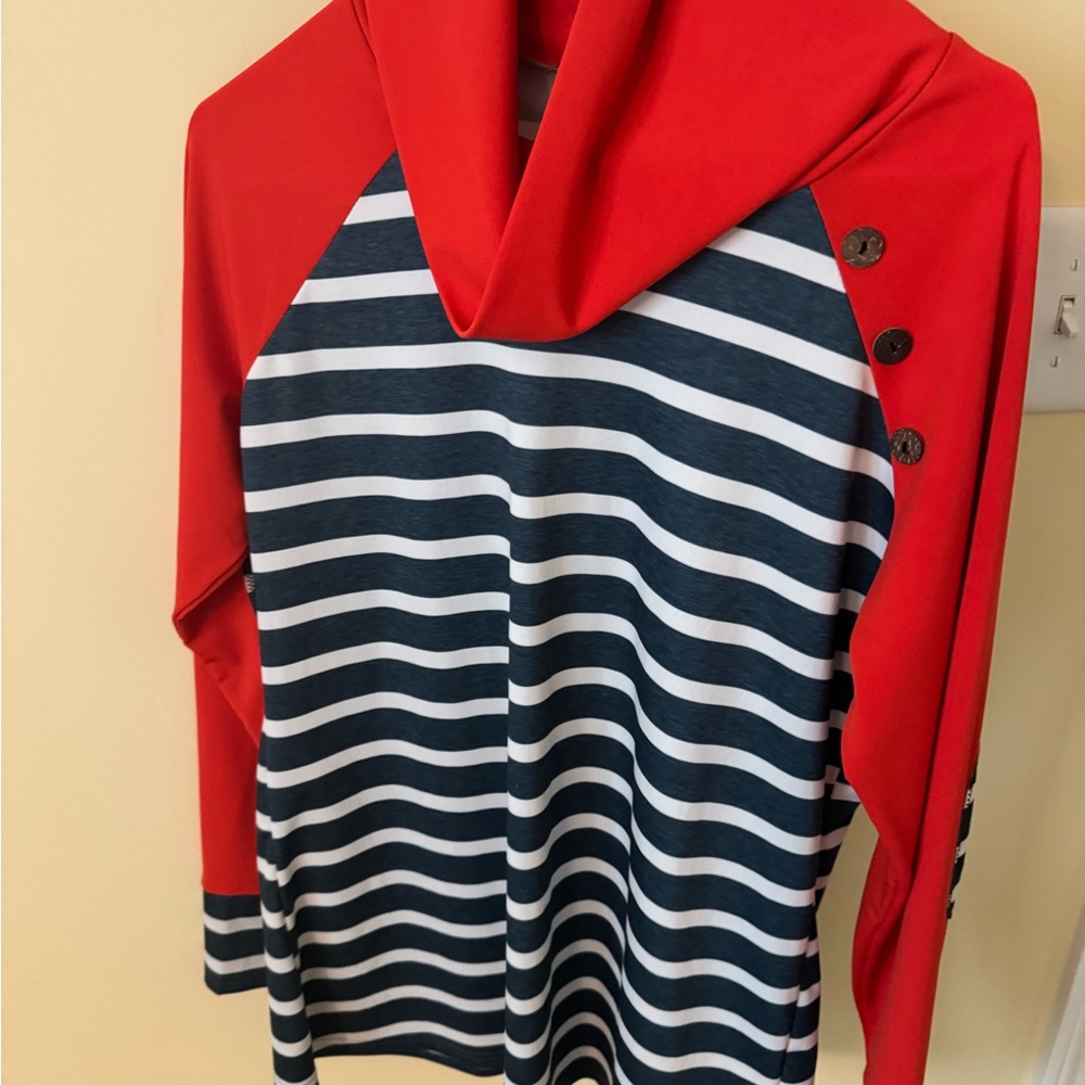 Red and Navy Striped Nautical Top  with wood Button Accents